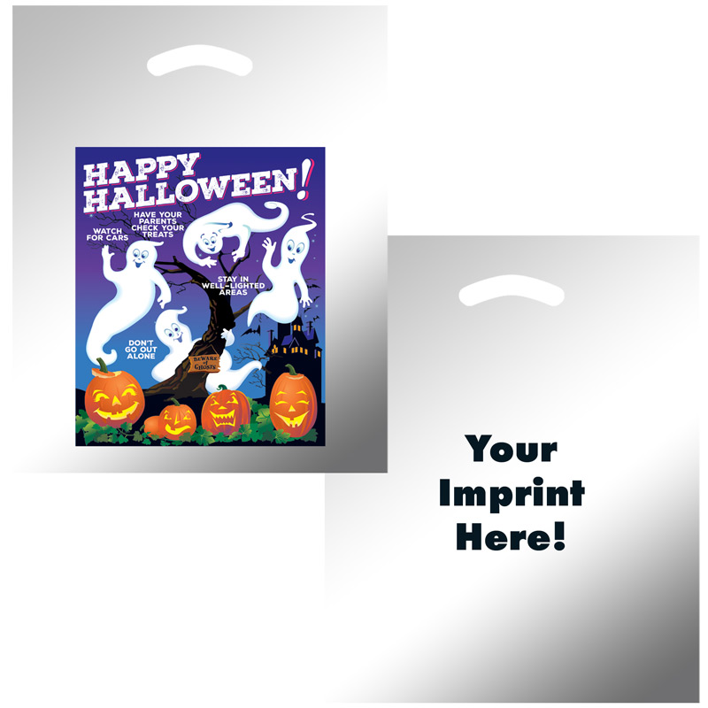 Halloween Stock Design Silver Reflective Die Cut Bag • Ghosts w/Pumpkins (12"x15") - Flexo Ink