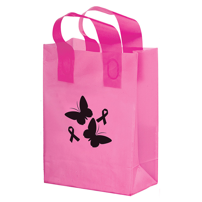 Breast Cancer Awareness Pink Frosted Soft Loop Plastic Shopper w/Insert (10"x5"x13") - Flexo Ink