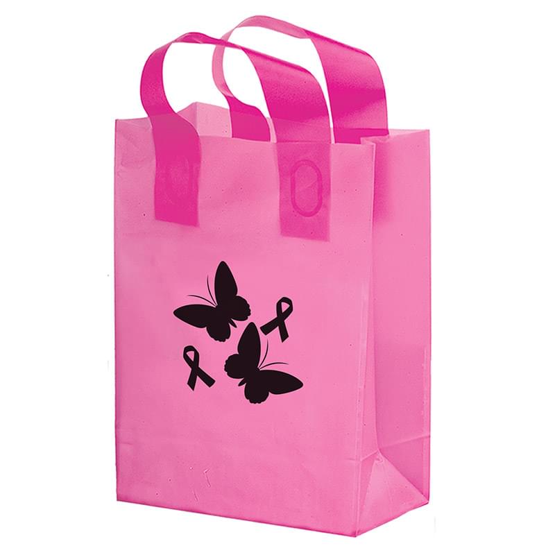 Breast Cancer Awareness Pink Frosted Soft Loop Plastic Shopper w/Insert (10"x5"x13") - Flexo Ink