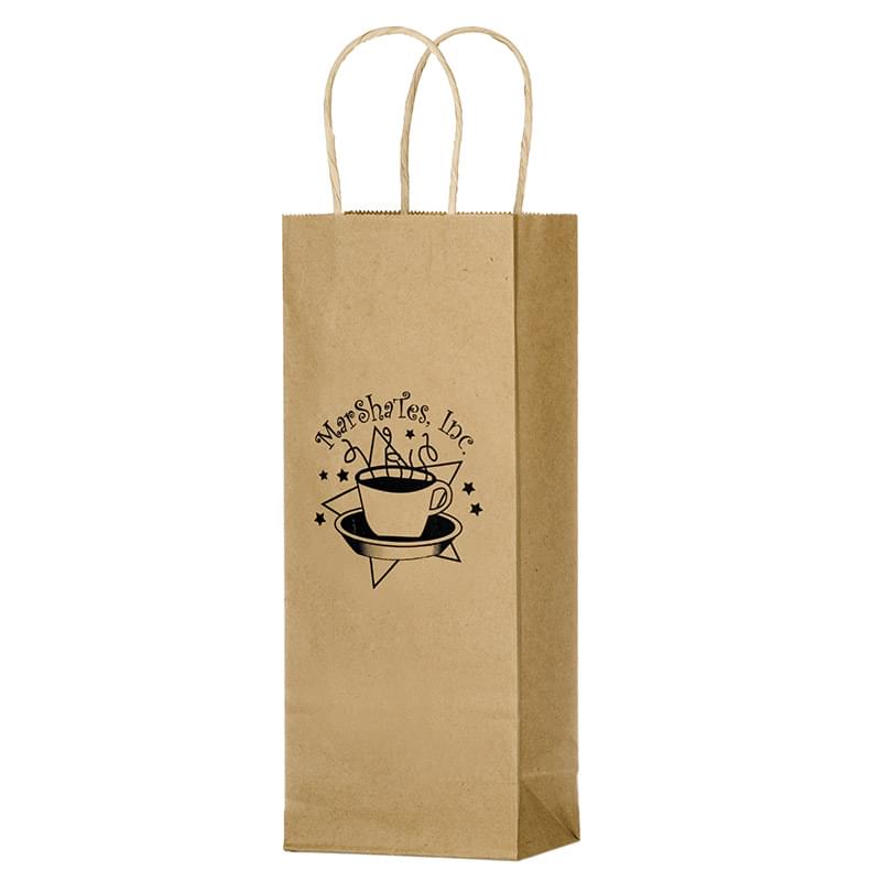 Natural Kraft Paper 1-Bottle Wine Tote Bag (5 1/2"x3 1/4"x12 1/2") - Flexo Ink