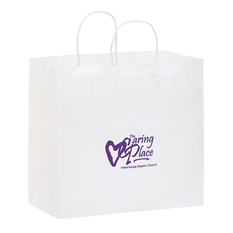 White Kraft Paper Carry-Out Bag (13"x7"x12 3/4") - Flexo Ink