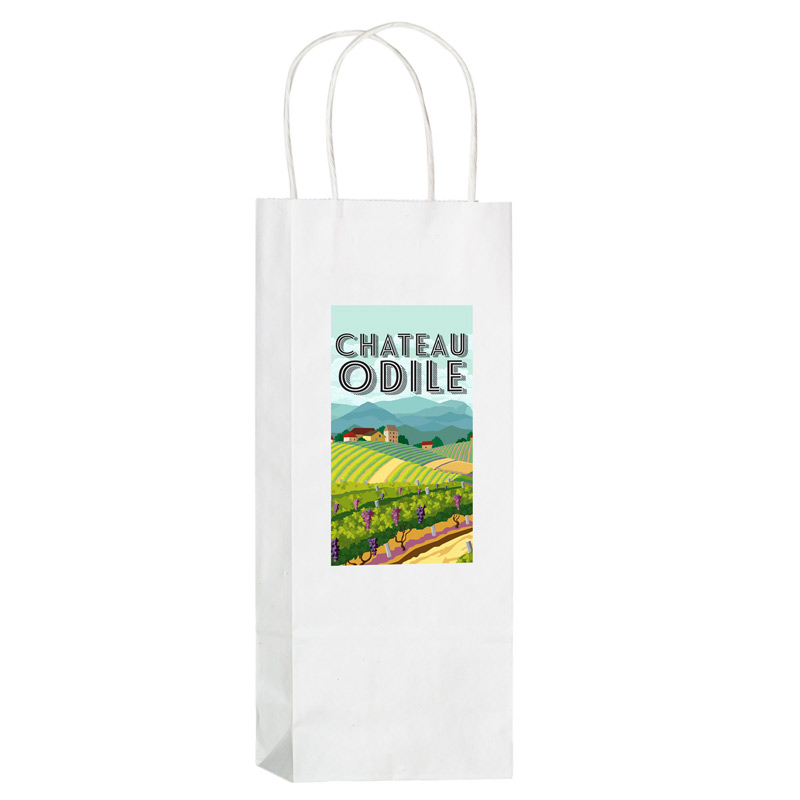 White Kraft Paper 1-Bottle Wine Tote Bag w/Full Color (5.5"x3.25"x12.5") - Color Evolution