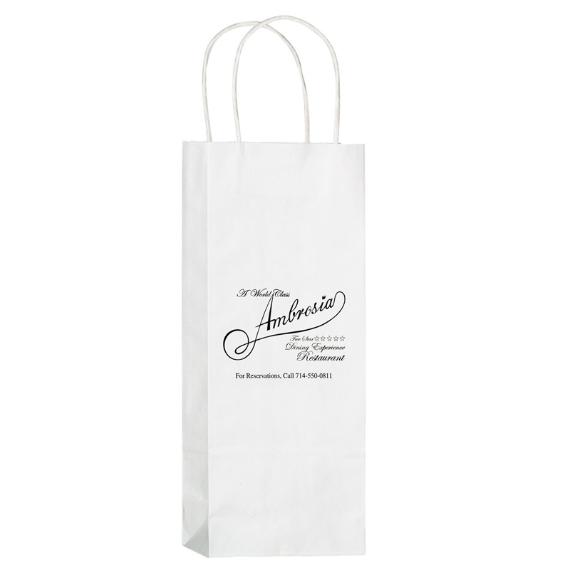 White Kraft Paper 1-Bottle Wine Tote Bag (5 1/2"x3 1/4"x12 1/2") - Flexo Ink