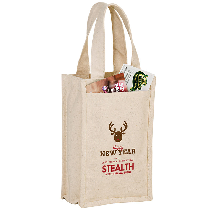 Heavyweight Cotton Canvas 2 Bottle Wine Tote (7"x3"x11") - Screen Print